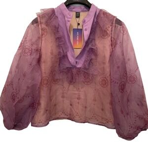 SHEIN Purple Sheer Floral Print Ruffle Collar Button‎ Up Blouse Women's Lg NWT